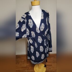 Fashion Nova 3X Navy Blue Wrap Romper White and Tan Floral Pattern Long Sleeve
